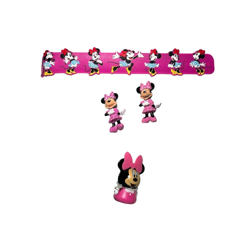 Disney Parks Minnie Mouse Lot - Slap Bracelet, Figurines & Finger Puppet